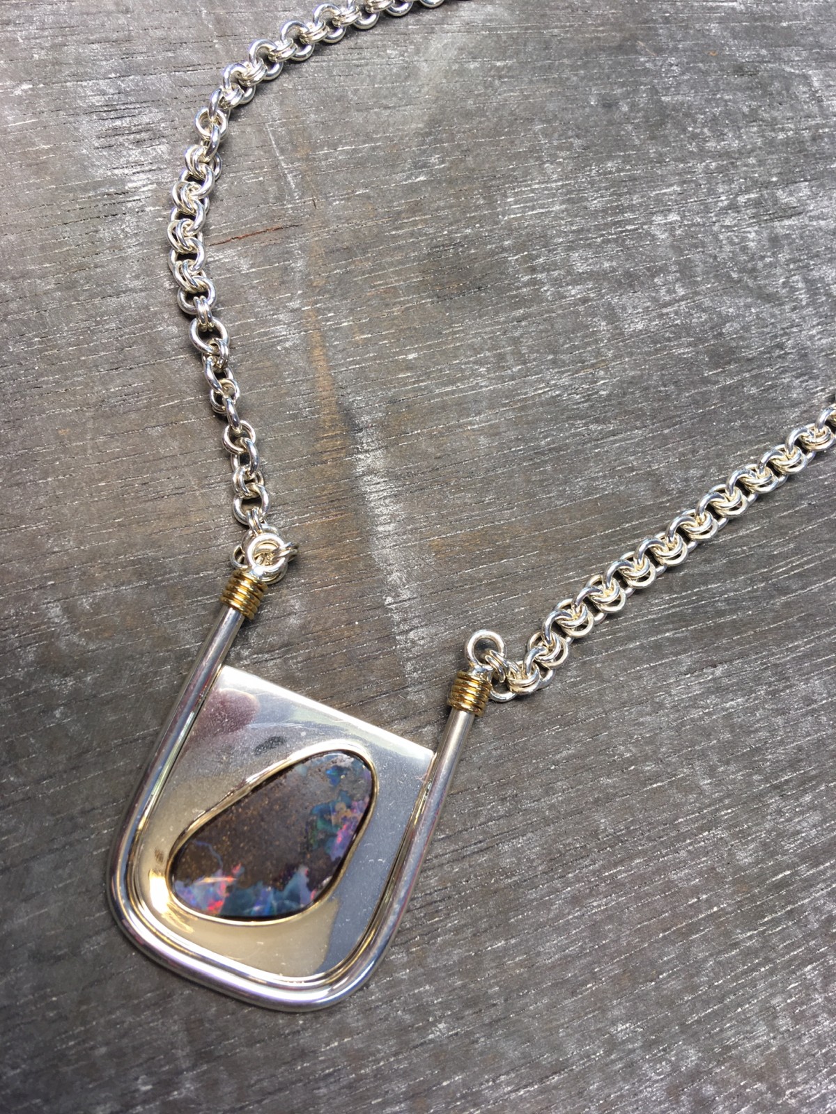 Collier in Silber mit 750/- Gelb-Gold und Boulder - Opal